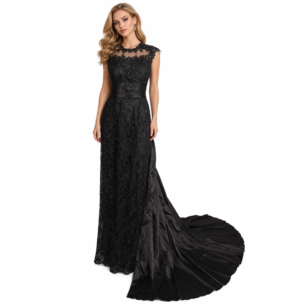 Hebeos Black Floral Lace Rhinestone Gown with Satin Train Illusion Neckline M